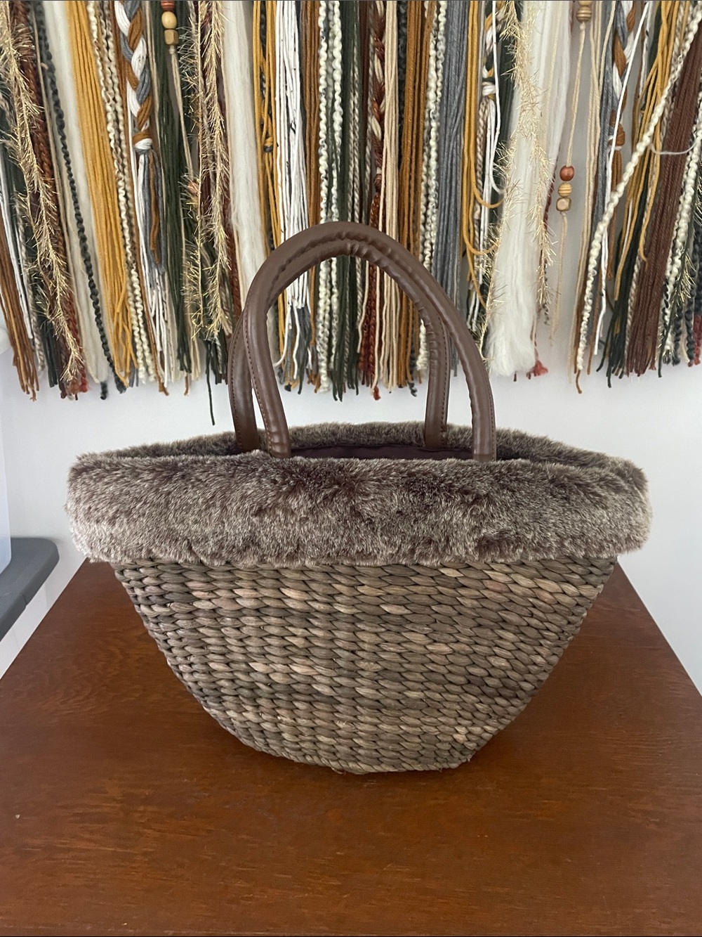 Bath & Body Works Brown Woven Tote with Faux-Fur Trim